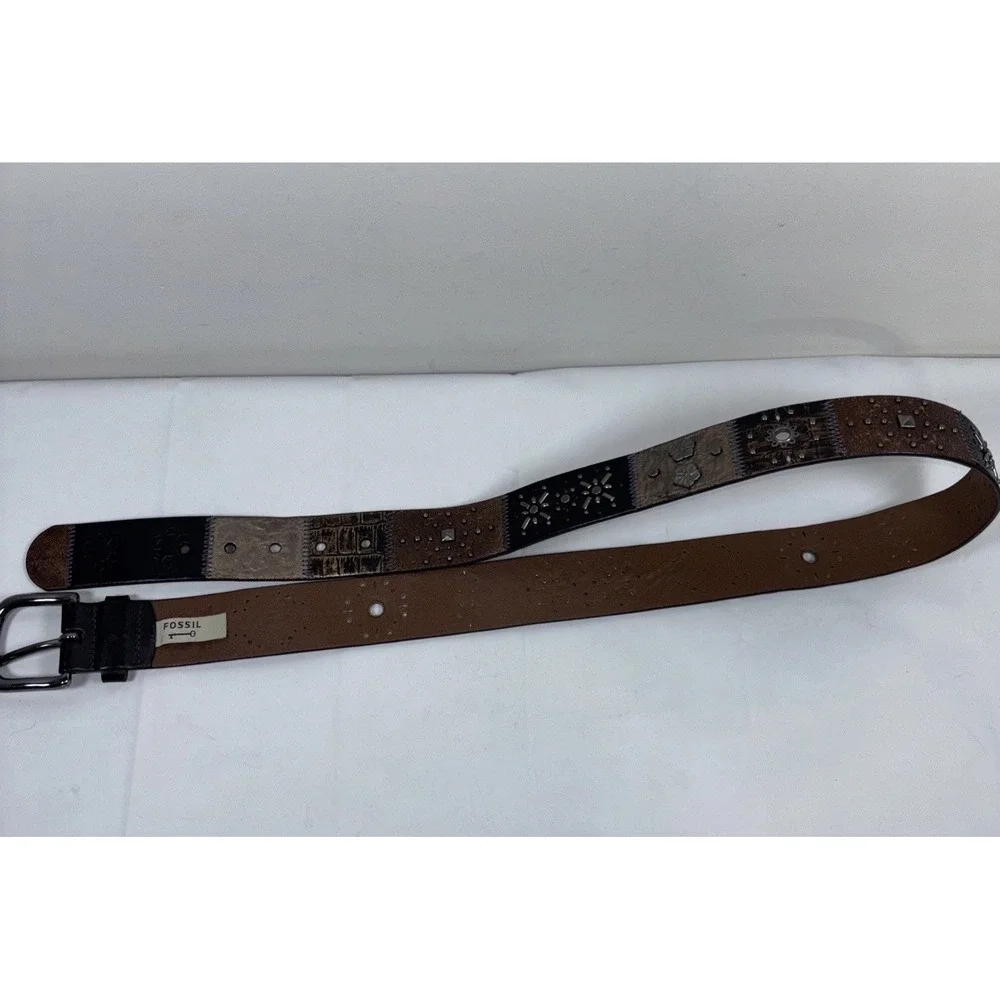 VTG Fossil Leather Belt Patchwork Sz L Floral Studded Cowhide Tooled‎ Y2K Artsy